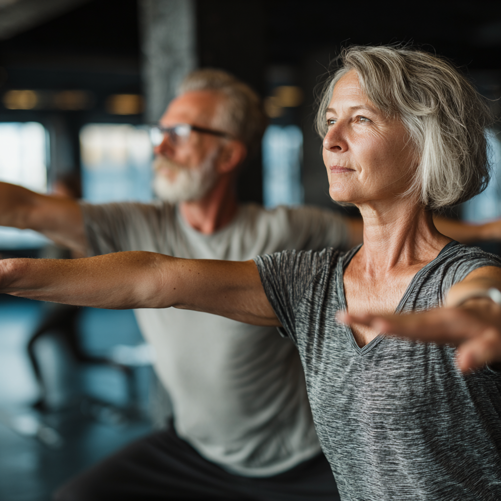 Mature adults practicing balanced functional movement patterns